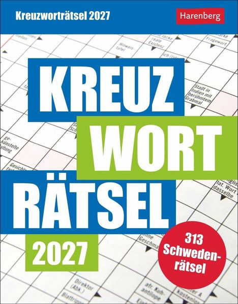 Titel: "Kreuzworträtsel 2027". Textblöcke in Blau und Grün mit "KREUZ", "WORT", "RÄTSEL". Hintergrund: Kreuzworträtselgitter.