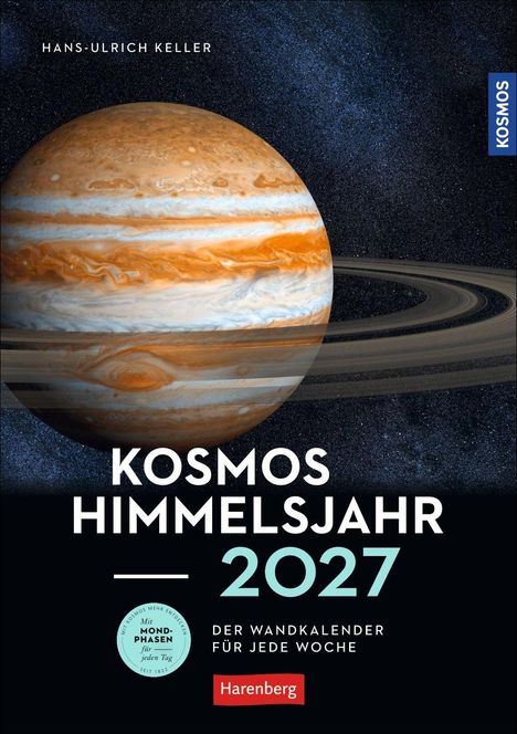 "Kosmos Himmelsjahr 2027: Wandkalender jede Woche" - Jupiter vor Sternenhimmel, Logo "Harenberg".