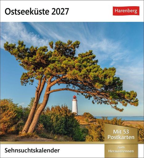 „Ostseeküste 2027“, „Sehnsuchtskalender“, „Mit 53 Postkarten“. Küstenlandschaft mit Baum und Leuchtturm.