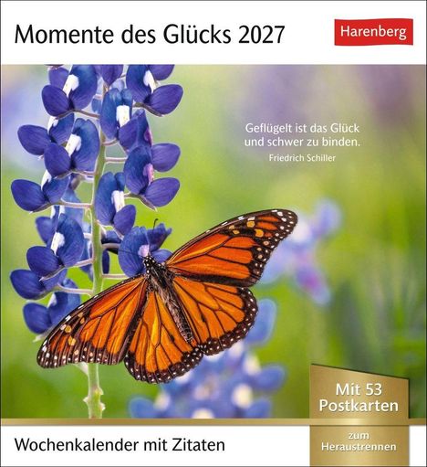 Der Text "Momente des Glücks 2027", Zitat von Schiller und Details über einen Kalender mit einem Schmetterling auf lila Blume.