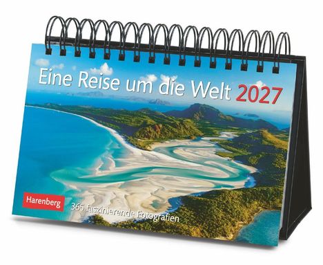 "Eine Reise um die Welt 2027. Harenberg. 365 faszinierende Fotografien." Kalender mit Spiralbindung zeigt Strand und Meer.