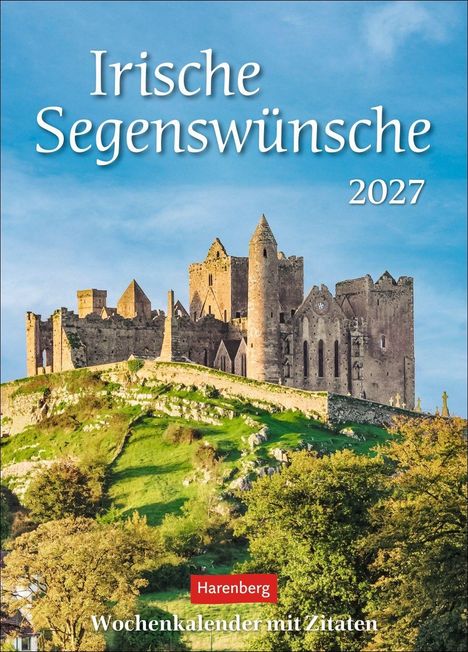 „Irische Segenswünsche 2027“, „Wochenkalender mit Zitaten“. Eine Burg auf einem grünen Hügel bei blauem Himmel.