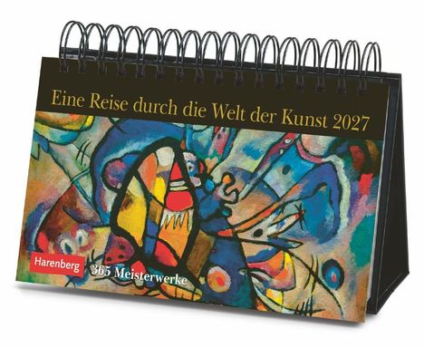 Text: "Eine Reise durch die Welt der Kunst 2027", "Harenberg", "365 Meisterwerke". Illustration: Bunte abstrakte Formen.