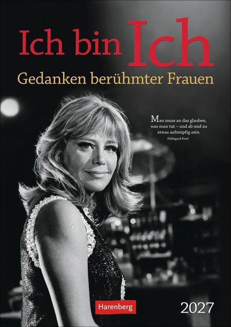 „Ich bin Ich. Gedanken berühmter Frauen.“ Porträt einer Frau, Zitat von Hildegard Knef. Links unten: „Harenberg“.