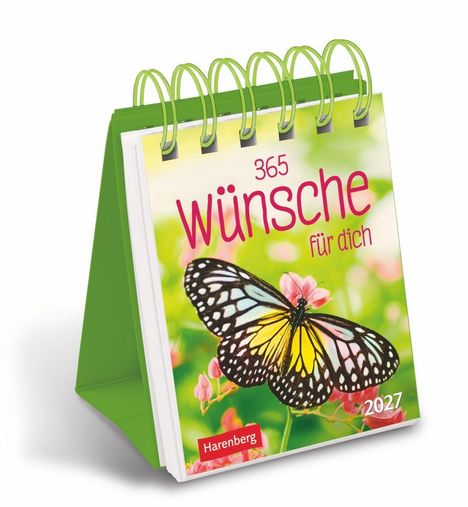 „365 Wünsche für dich, 2027, Harenberg“. Ein Kalender mit Schmetterling auf pinken Blüten vor unscharfem Hintergrund.