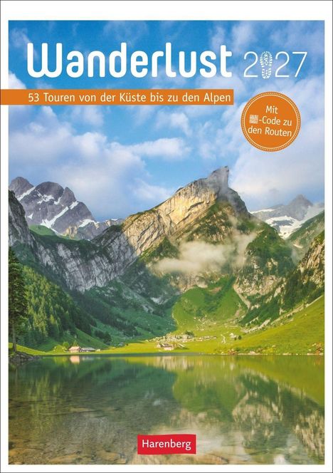 "Wanderlust 2027", "53 Touren von der Küste bis zu den Alpen", Berglandschaft mit See, Logo "Harenberg".