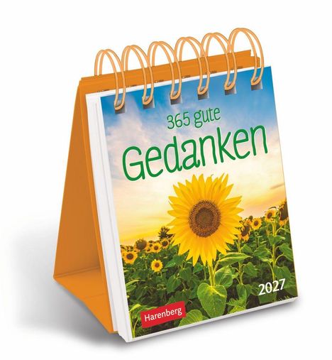 "365 gute Gedanken" steht in großen Buchstaben über einem Sonnenblumenfeld bei Sonnenuntergang, Kalender für 2027.
