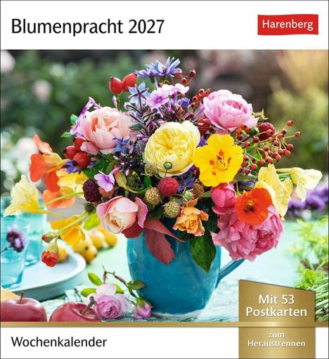 "Blumenpracht 2027", "Harenberg", "Wochenkalender", "Mit 53 Postkarten zum Heraustrennen". Blumenstrauß in blauem Krug.
