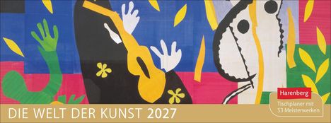 "Die Welt der Kunst 2027", "Harenberg Tischplaner mit 53 Meisterwerken". Bunte Illustration mit Formen und Blättern.