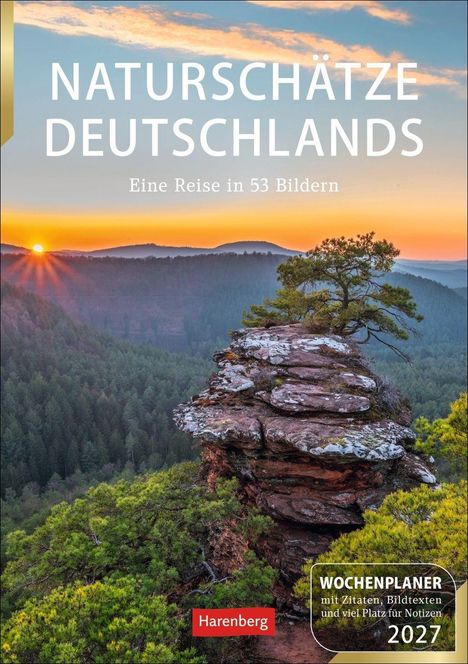 "Naturschätze Deutschlands", "Eine Reise in 53 Bildern". Sonnenuntergang, Waldlandschaft, Felsen mit kleinem Baum vorne.