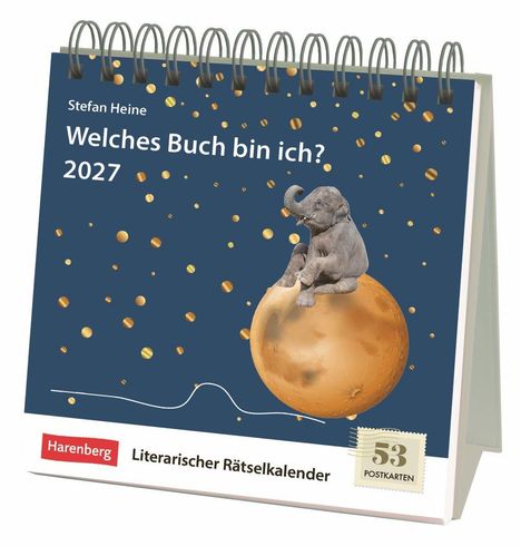 "Welches Buch bin ich? 2027" steht oben. Unten: "Literarischer Rätselkalender". Ein Elefant sitzt auf einer goldenen Kugel.