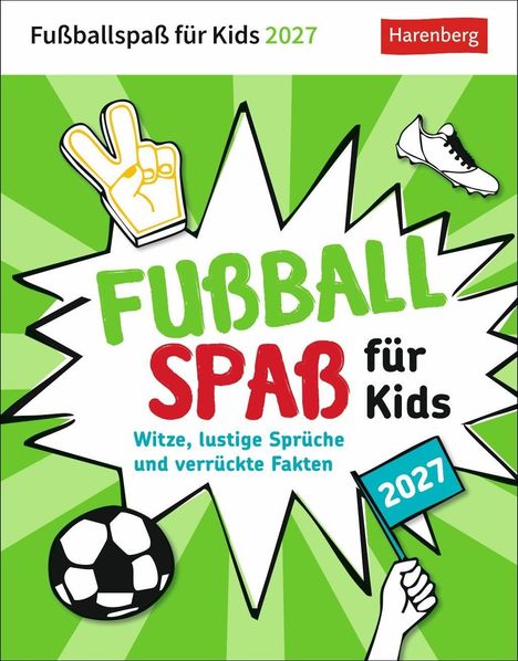 "Fußballspaß für Kids 2027", "Witze, lustige Sprüche und verrückte Fakten". Illustration mit Fußball und Handzeichen.