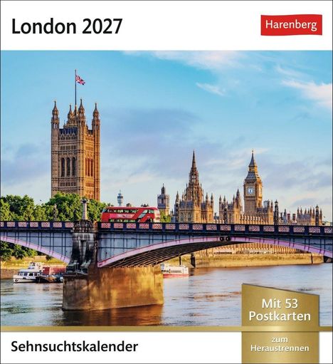 "London 2027", "Sehnsuchtskalender", "Mit 53 Postkarten". Szene: London mit Big Ben, Fluss, Brücke und rotem Bus.