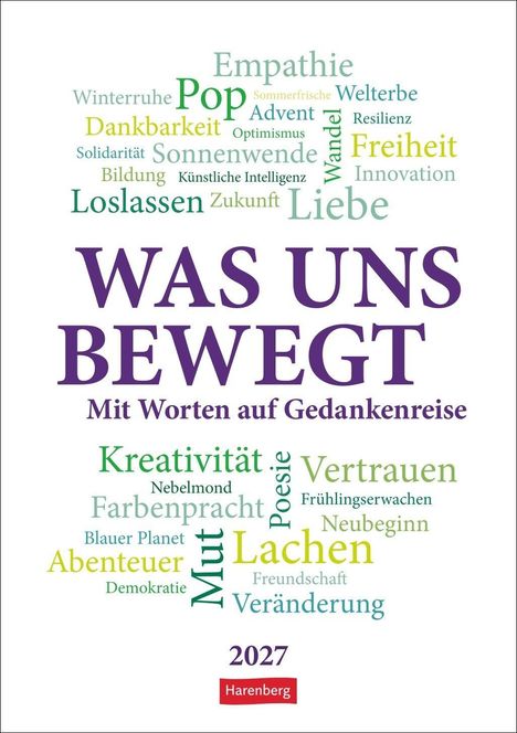 Texte wie "WAS UNS BEWEGT", "Mit Worten auf Gedankenreise", "2027", viele Wörter in unterschiedlichen Farben und Größen.