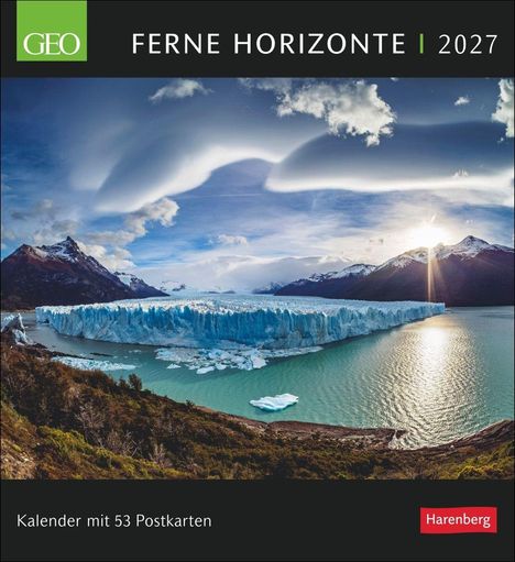 "Ferne Horizonte 2027. Kalender mit 53 Postkarten. Eislandschaft mit Bergen und dramatischen Wolken im Abendlicht."