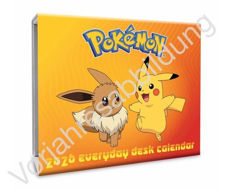 "2026 everyday desk calendar" und Illustration von Pikachu und Evoli auf orangem Hintergrund mit "Pokémon"-Logo oben.