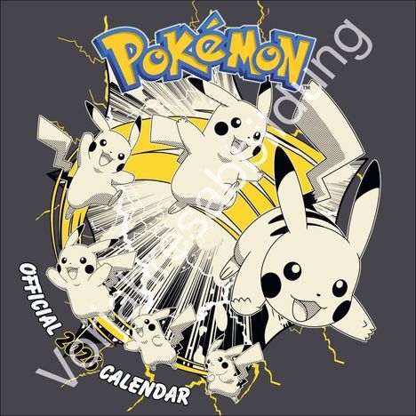 "Pokémon Official 2023 Calendar" steht neben fröhlichen, springenden Pikachu in dynamischem Design mit gelben Blitzen.