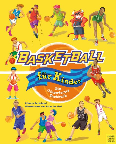 „Basketball für Kinder: Ein illustriertes Sachbuch“. Bunte Charaktere spielen Basketball. Fröhlich und dynamisch.
