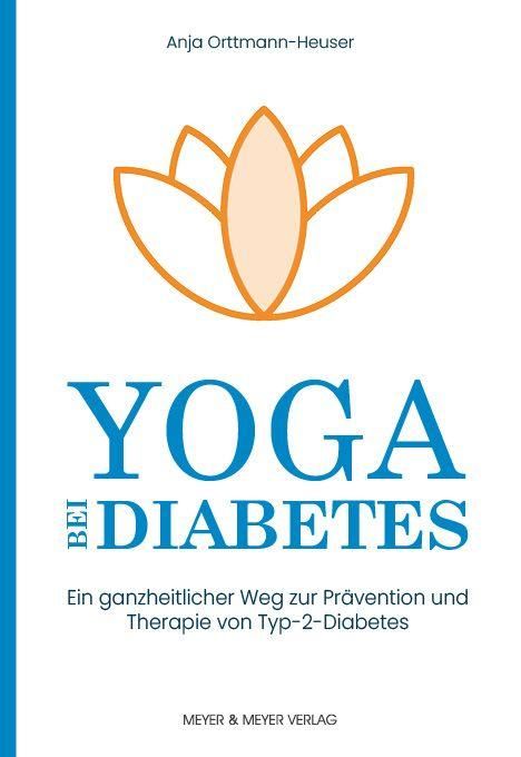 "Yoga bei Diabetes" in Blau, "Ein ganzheitlicher Weg zur Prävention und Therapie von Typ-2-Diabetes". Logo: stilisierte Lotusblüte.