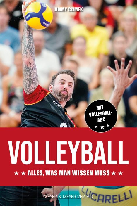 “Jimmy Czimek", "Mit Volleyball-ABC", "Volleyball - Alles, was man wissen muss". Volleyballspieler in Aktion.
