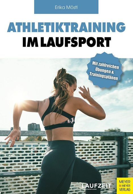 Titel: Athletiktraining im Laufsport. Frau läuft draußen, Sonne im Hintergrund.