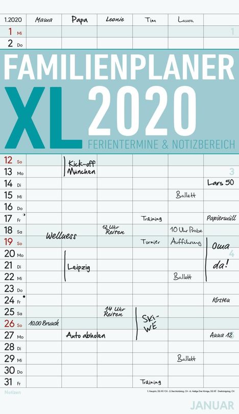 Alpha Edition: Familienplaner XL 2020 mit 6 Spalten - Offset-Papier - Familienkalender - Familientimer (26 x 45) - mit Ferienterminen - 6 Spalten - Wandplaner, Diverse