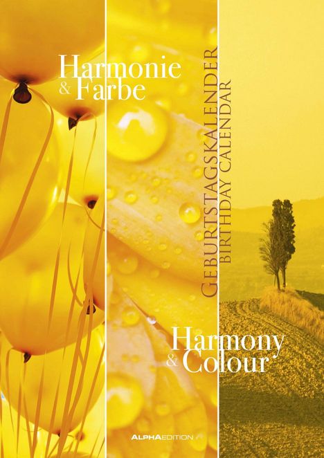 "Harmonie & Farbe. Geburtstagskalender. Harmony & Colour." Gelbe Luftballons, Regentropfen auf Oberfläche, Landschaft mit Baum.