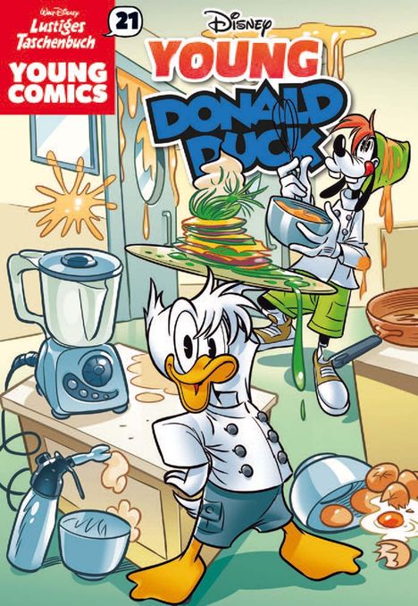 "Young Donald Duck" in bunter Schrift auf einem Chaos von kochenden Enten in einer Küche. Comic-Stil.