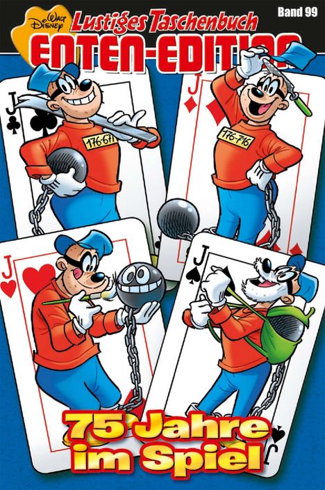 "75 Jahre im Spiel" zeigt Karten mit dem knastbrüchigen Hund Goofy in verschiedenen Posen.