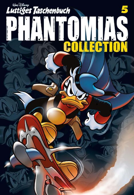 „Lustiges Taschenbuch, PHANTOMIAS COLLECTION 5“. Ein Superheld im Comic-Stil hält ein rotes Gadget.