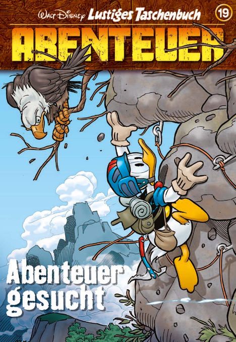 Comic: "Abenteuer gesucht". Ein bedrohlicher Adler auf einem Ast, darunter eine Ente beim Klettern an einem Fels.