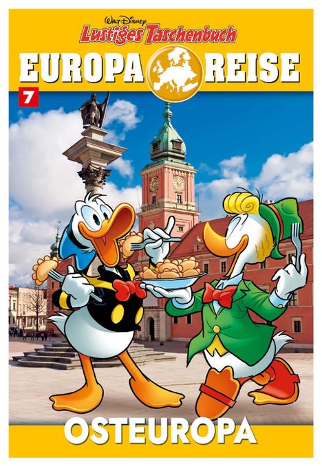 Illustration: "EUROPA REISE", "OSTEUROPA", zwei fröhliche Enten in bunter Kleidung, eine hält einen Teller Essen. Hintergrund: Gebäude.