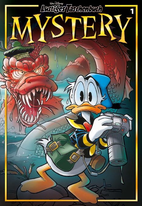 Text: "Mystery" und "Lustiges Taschenbuch". Eine Comic-Ente mit Kamera und Rucksack, verfolgt von einem wütenden roten Monster.