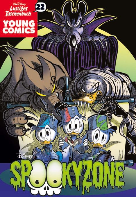Texte: "Lustiges Taschenbuch", "YOUNG COMICS", "22", "Spookyzone". Enten und Monster in gruseligem Szenario.