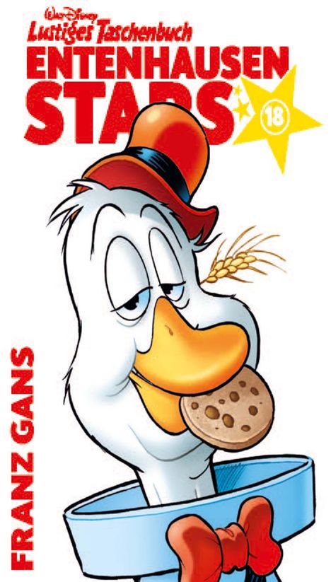 "Lustiges Taschenbuch Entenhausen Stars 18. Franz Gans." Zeichentrickgans mit Zylinder und Keksen im Mund.
