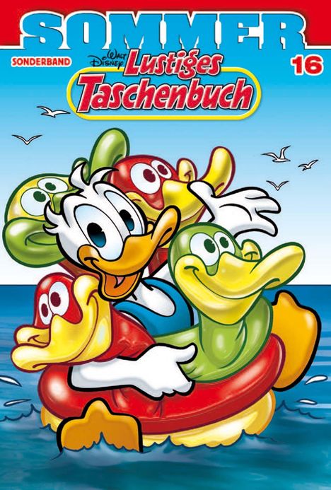 Text: "SOMMER SONDERBAND Lustiges Taschenbuch 16". Eine fröhliche Ente mit vier farbigen Schwimmreifen im Wasser.