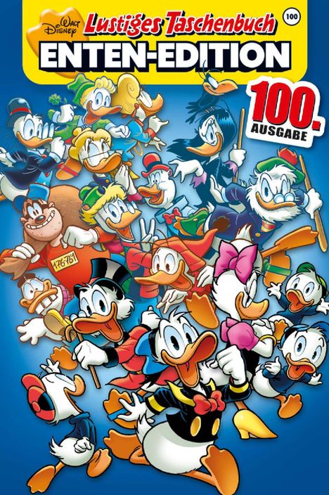 "Lustiges Taschenbuch ENTEN-EDITION", "100. AUSGABE". Viele fröhliche Enten-Figuren in bunten Outfits auf blauem Hintergrund.