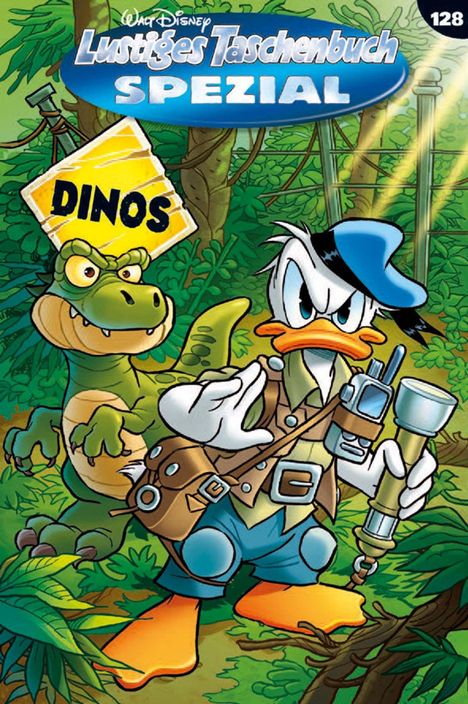 „Dinos“ und „Lustiges Taschenbuch Spezial“. Eine Ente im Dschungel hält Ausrüstung, ein Dinosaurier schaut hinter ihr hervor.