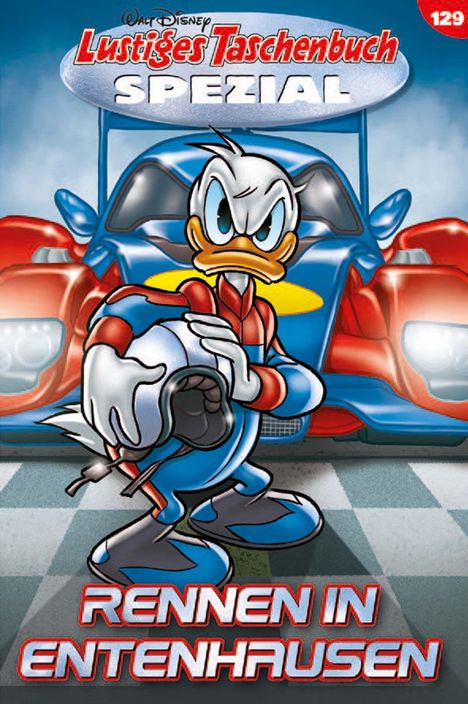 Titel: "Lustiges Taschenbuch Spezial". Text unten: "Rennen in Entenhausen". Illustration: Ein ärgerlicher Donald Duck vor einem Rennwagen.