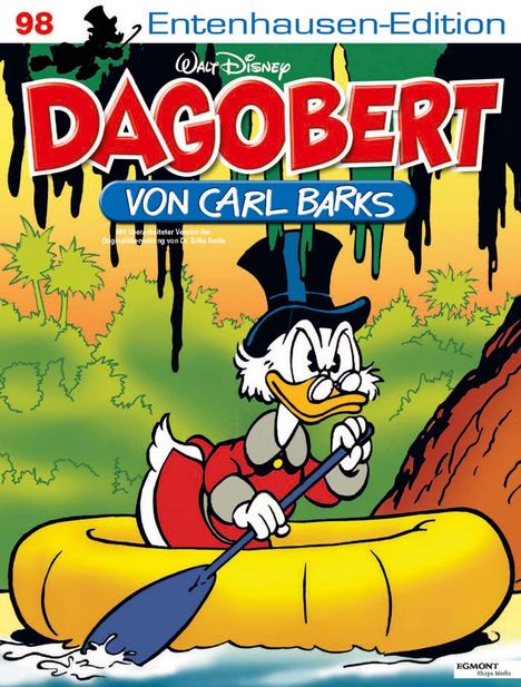 „Entenhausen-Edition, Dagobert von Carl Barks“. Illustration von Dagobert Duck, paddelt in einem Gummiboot im Dschungel.
