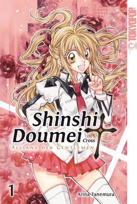 "Shinshi Doumei Cross: Allianz der Gentlemen" und "1" mit Mädchen in Schuluniform. Blonde Haare, fröhlicher Ausdruck.