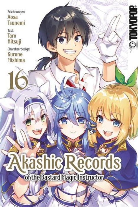 "Akashic Records of the Bastard Magic Instructor", Band 16. Vier lächelnde Manga-Charaktere in Schuluniformen.