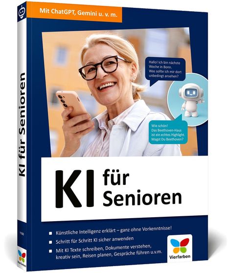 "KI für Senioren" steht auf dem Cover. Eine lächelnde ältere Frau hält ein Smartphone. Ein kleiner Roboter daneben.