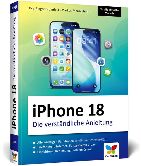 „iPhone 18: Die verständliche Anleitung“. Zwei Smartphones, App-Icons, bunte Gestaltung.