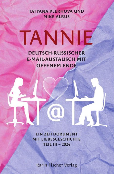 "Tannine" von Tatyana Plekhov und Mike Albus. Rosa und blaue Flächen mit zwei Silhouetten am Computer. Herzen und @-Symbol.