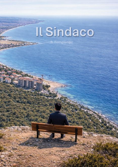 Text: „Il Sindaco“, „R. Rothgaenger“. Ein Mann sitzt auf einer Bank und schaut auf eine Küstenlandschaft.