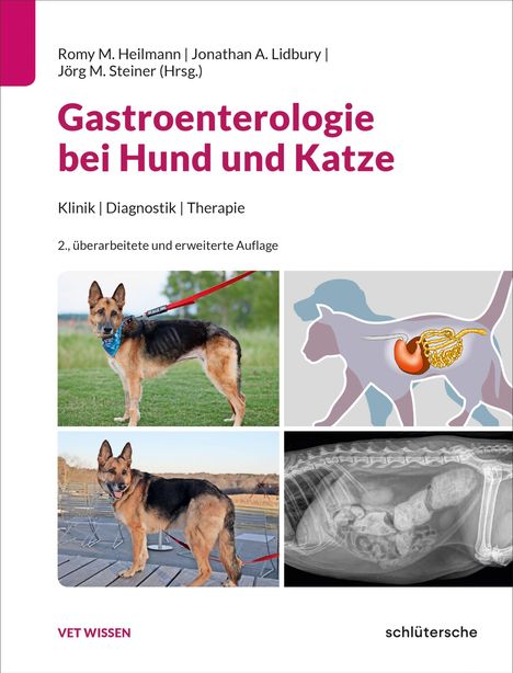 "Gastroenterologie bei Hund und Katze" in großer Schrift, darunter Bilder von Hunden und eine Röntgenaufnahme.
