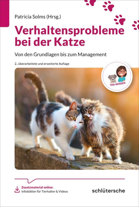 Titel: "Verhaltensprobleme bei der Katze". Zwei Katzen kuscheln miteinander. Piktogramm einer Figur mit Tier.