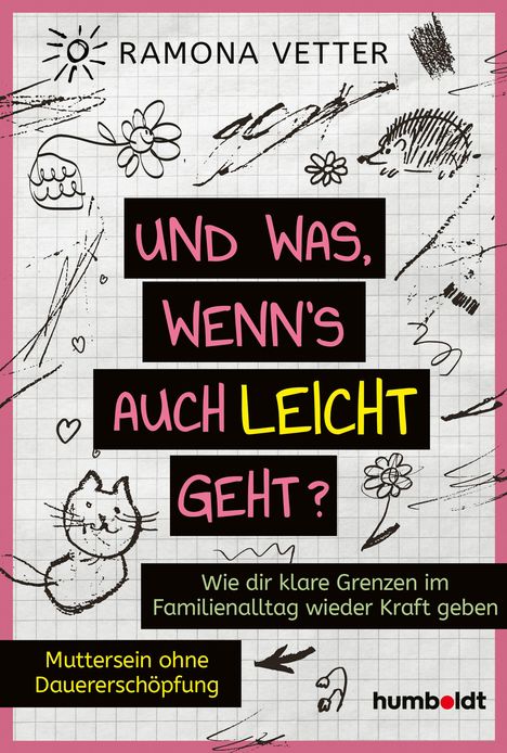 "Und was, wenn's auch leicht geht?" Umgeben von Kritzeleien: Sonne, Blumen, Katze, Igel. Rosa Rahmen.