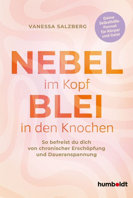 Texte in Orange, Lila und Braun beschreiben Befreiung von Erschöpfung. Farbige, abstrakte Hintergrundmuster.